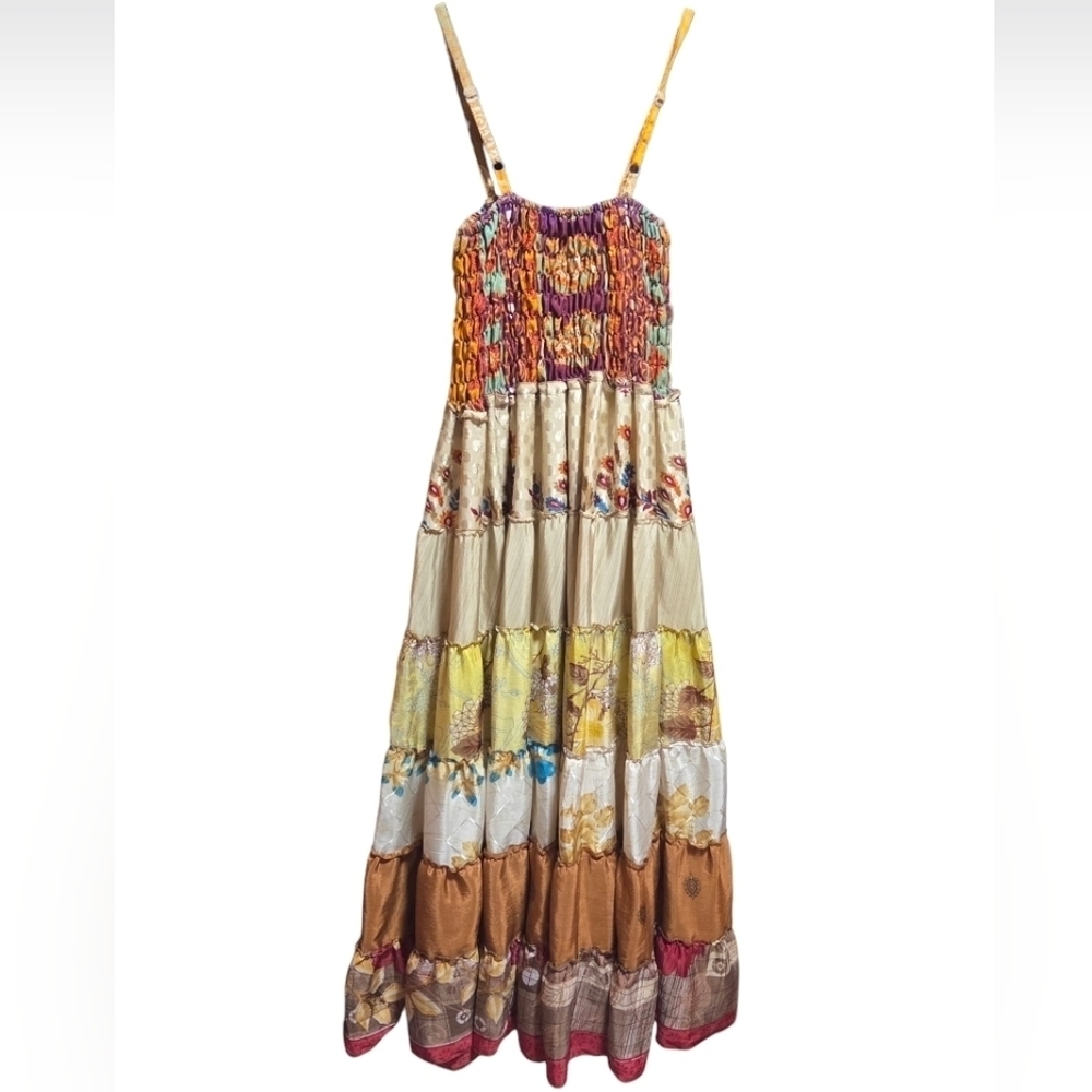 Silk Smocked Patchwork Colorful Tiered Maxi Dress Kathmandu Imports Boho XS/S